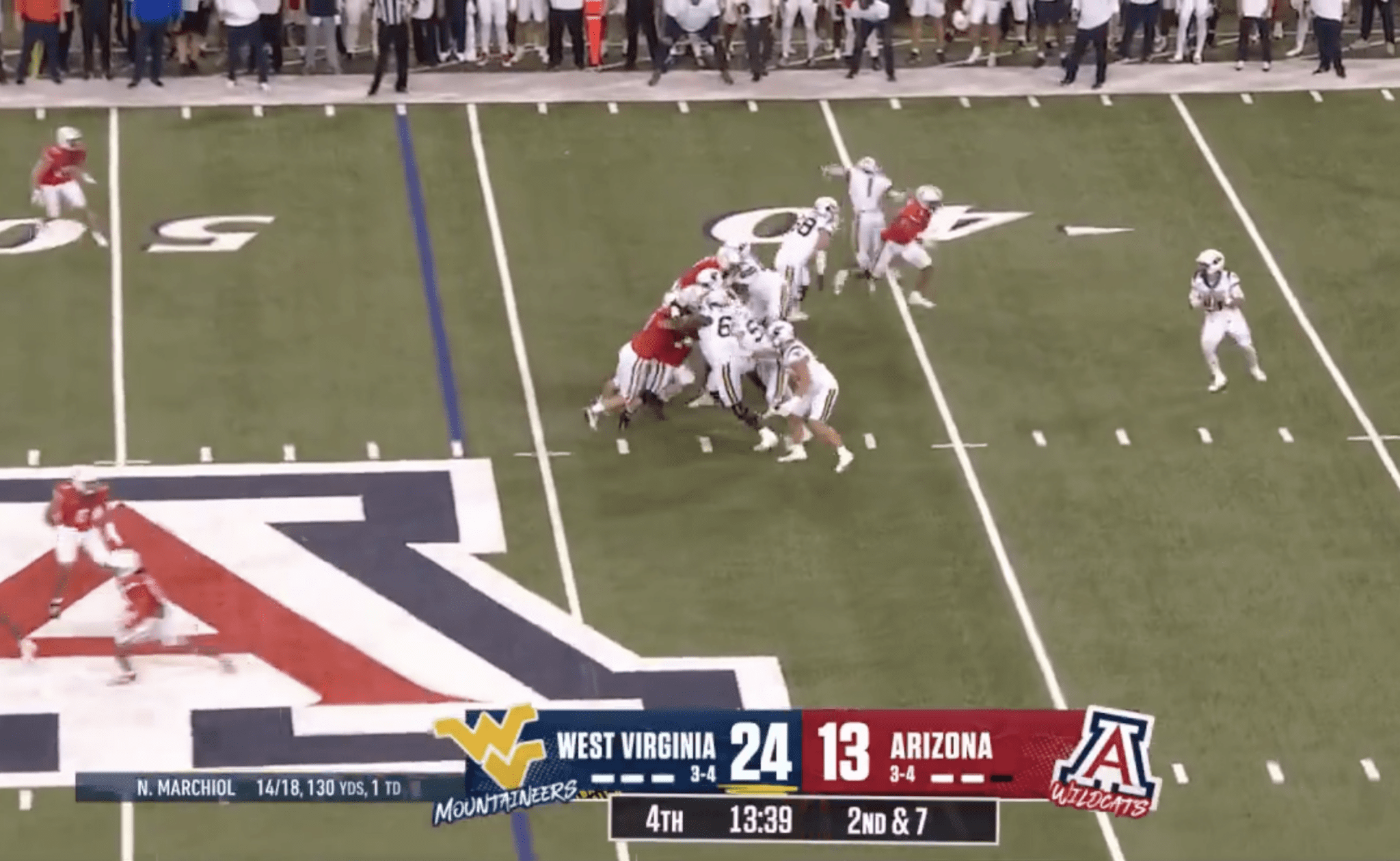 WVU Football QB Nicco Marchiol bomb TD at Arizona
